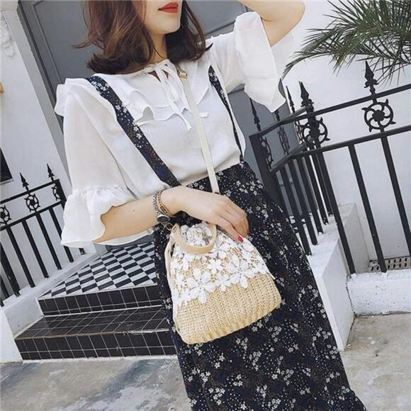 Purse Bucket Bag Lace Handmade Straw Woven Sling Handbag Shoulder Crossbody Bag - Picture 7 of 7
